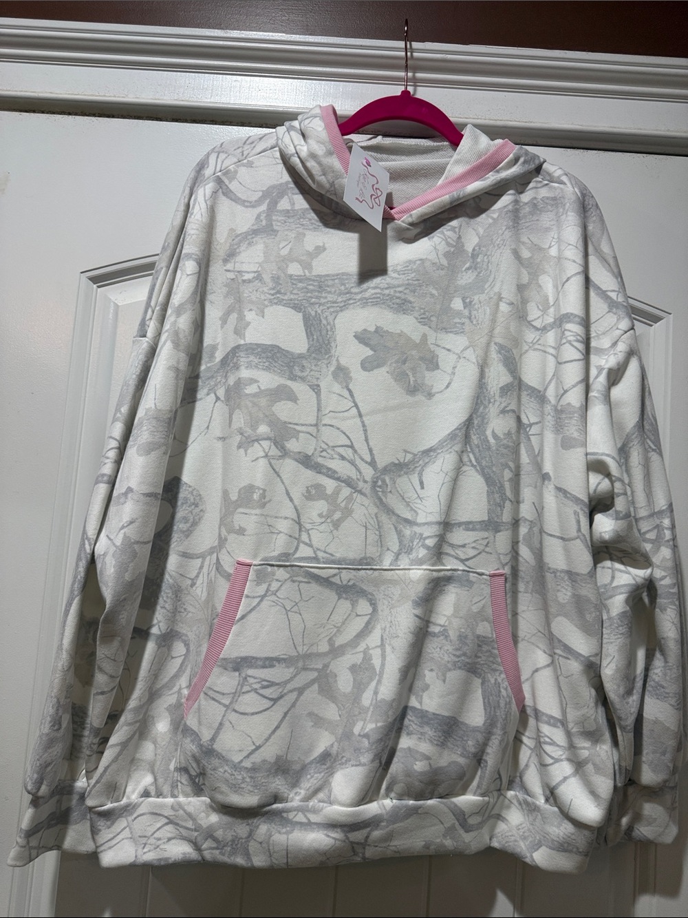 BUCKETLIST White Hooded Pullover with Pink Trim and Gray Branch Print